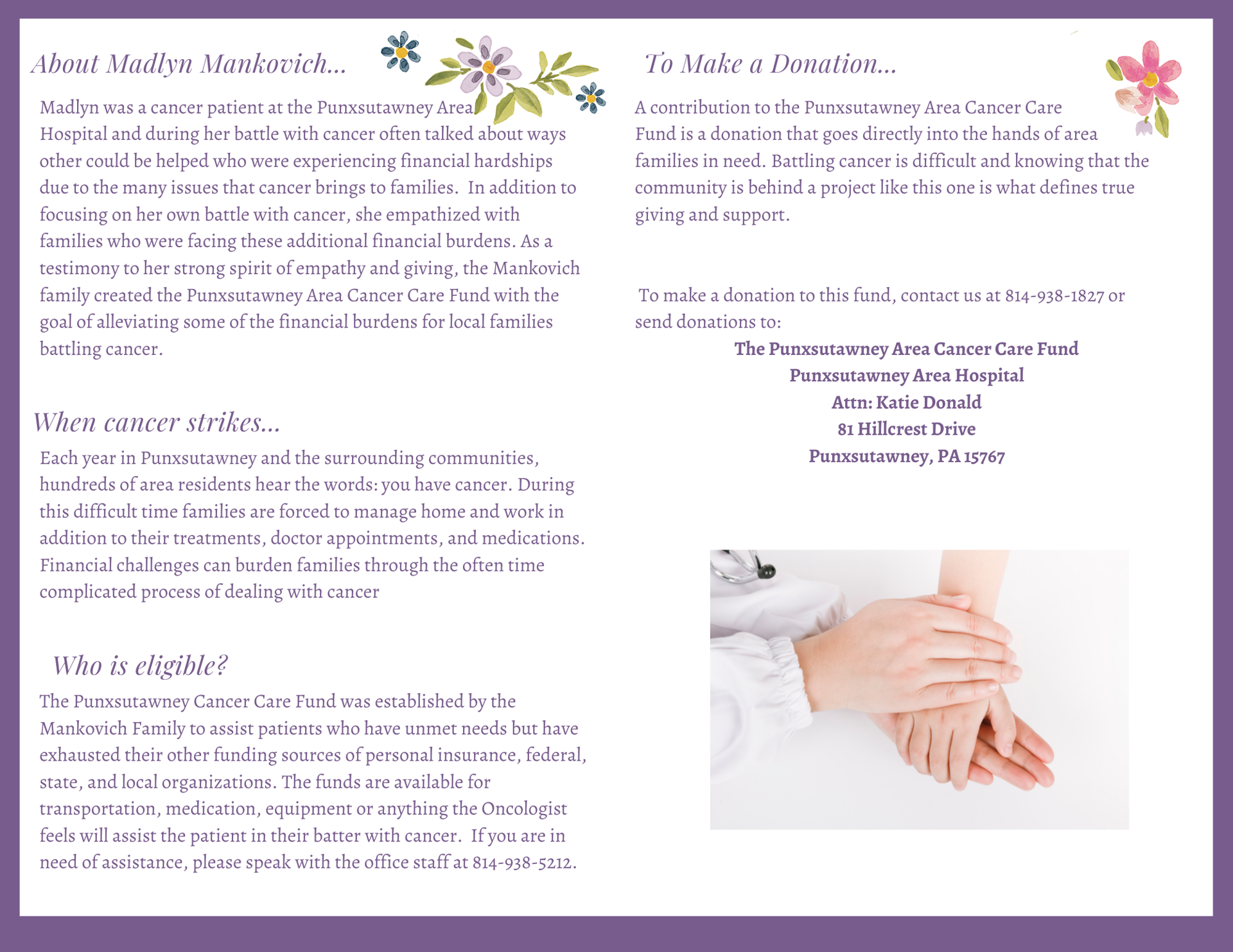 Punxsutawney Cancer Care Fund Punxsutawney Area Hospital