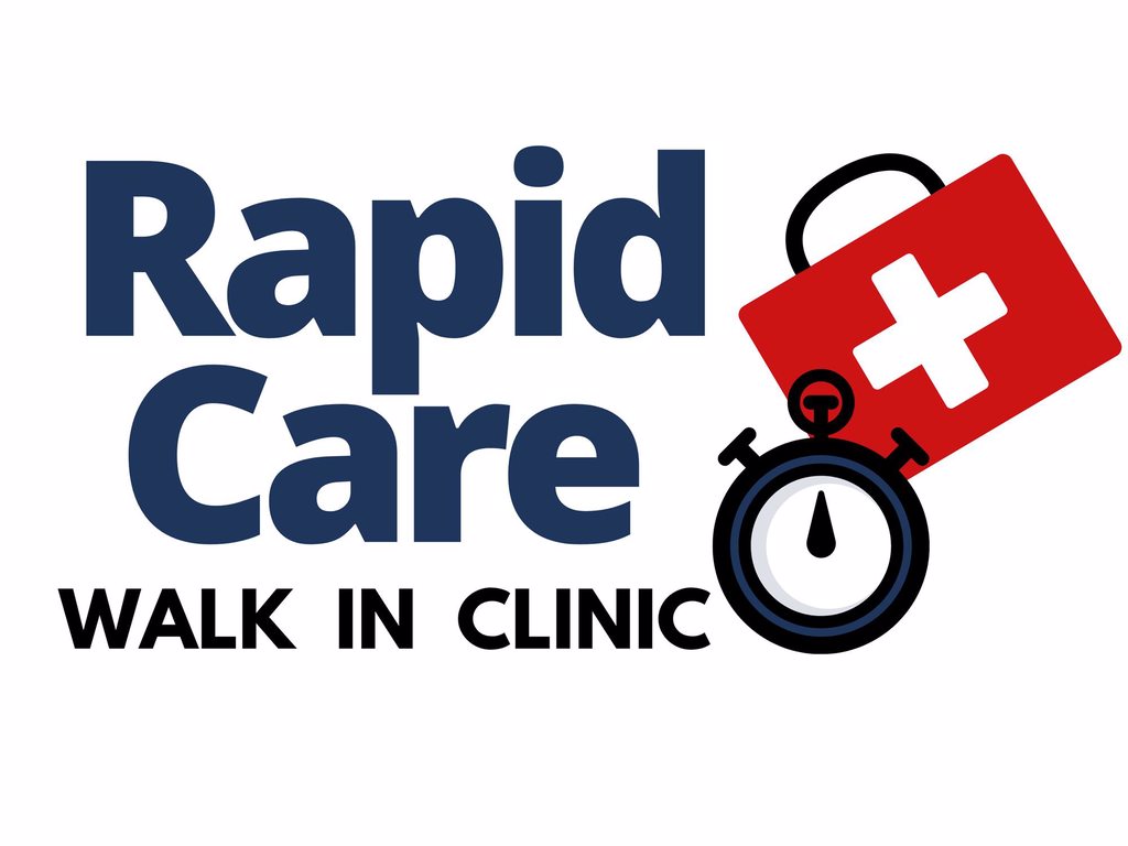 Rapid Care Walk in clinic text with clock and first aid kit
